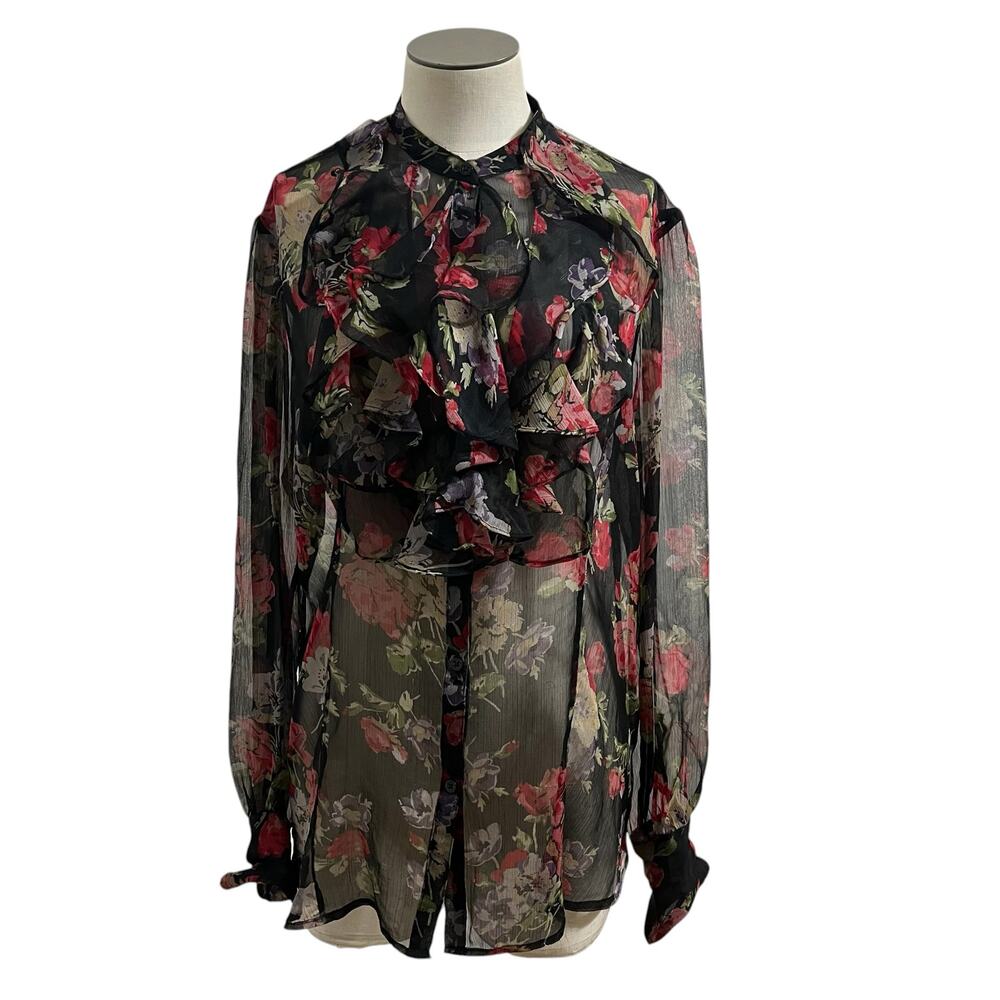 Lauren Ralph Lauren Womens Sheer Floral Ruffle Button Up Whimsigoth Shirt Sz L